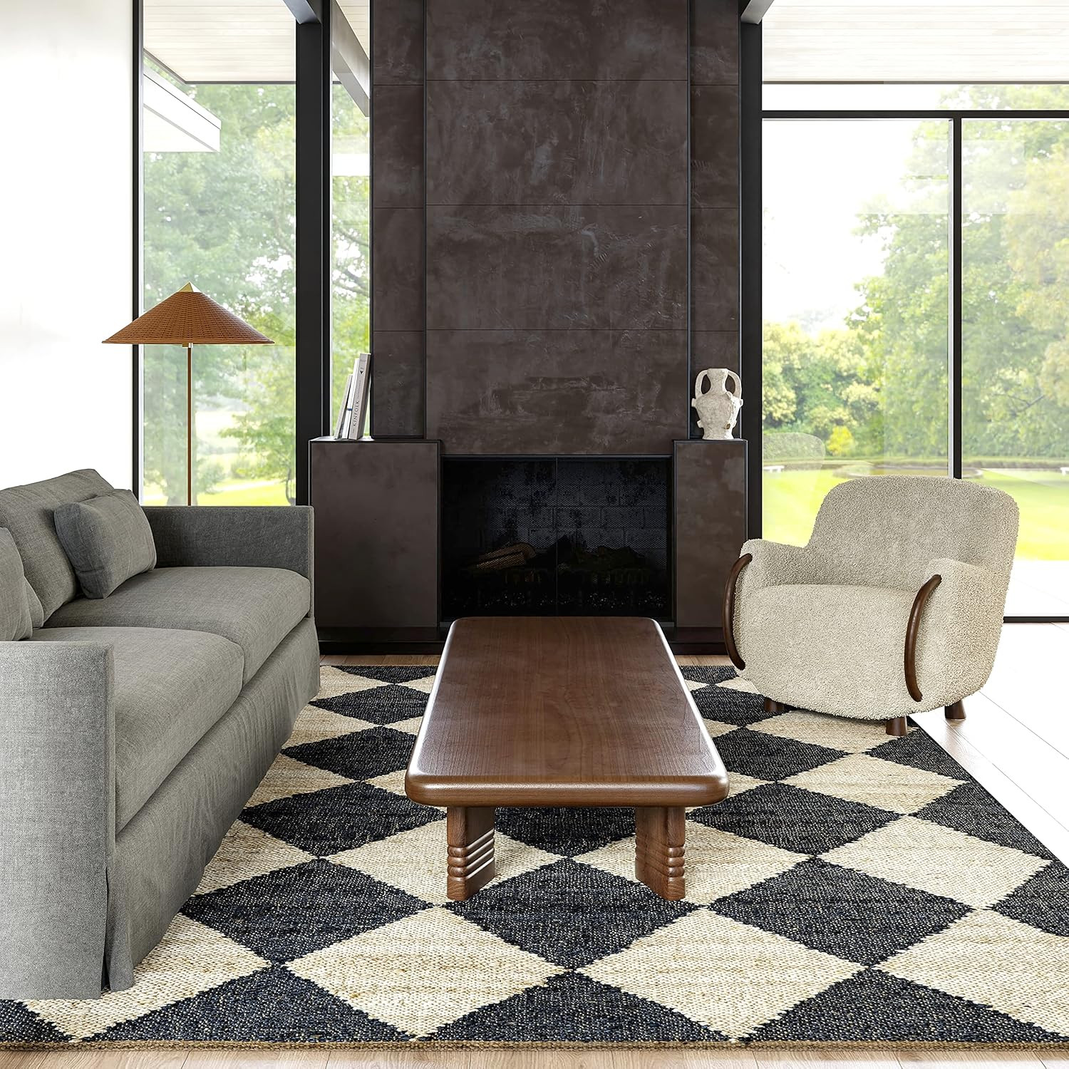 7’6″ X 9’6″ Louie Diamond Checkerboard Jute Indoor Area Rug, Farmhouse Style for
