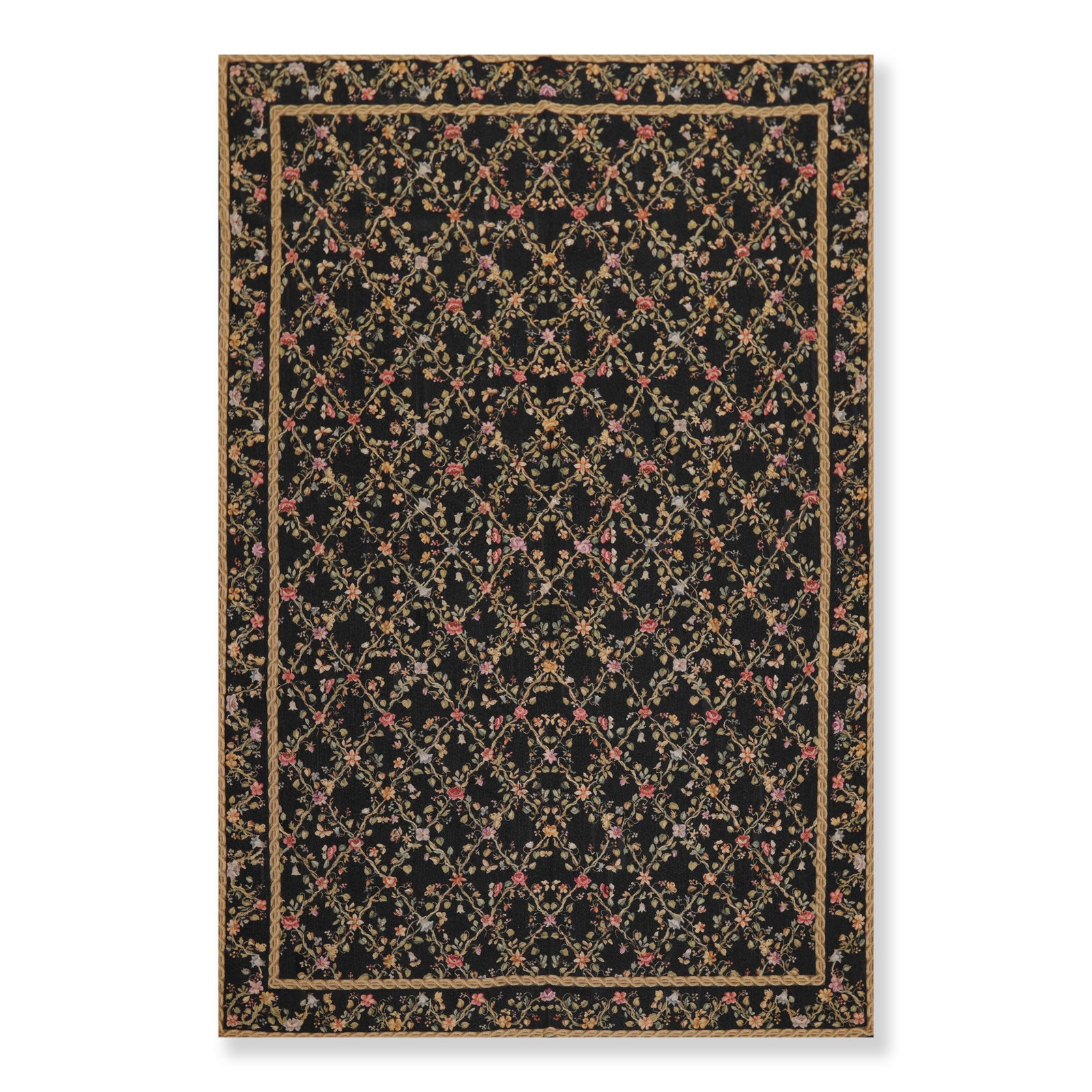 French Aubusson Needlepoint 6×9 Black Hand Woven Wool Flat pile Area Rug