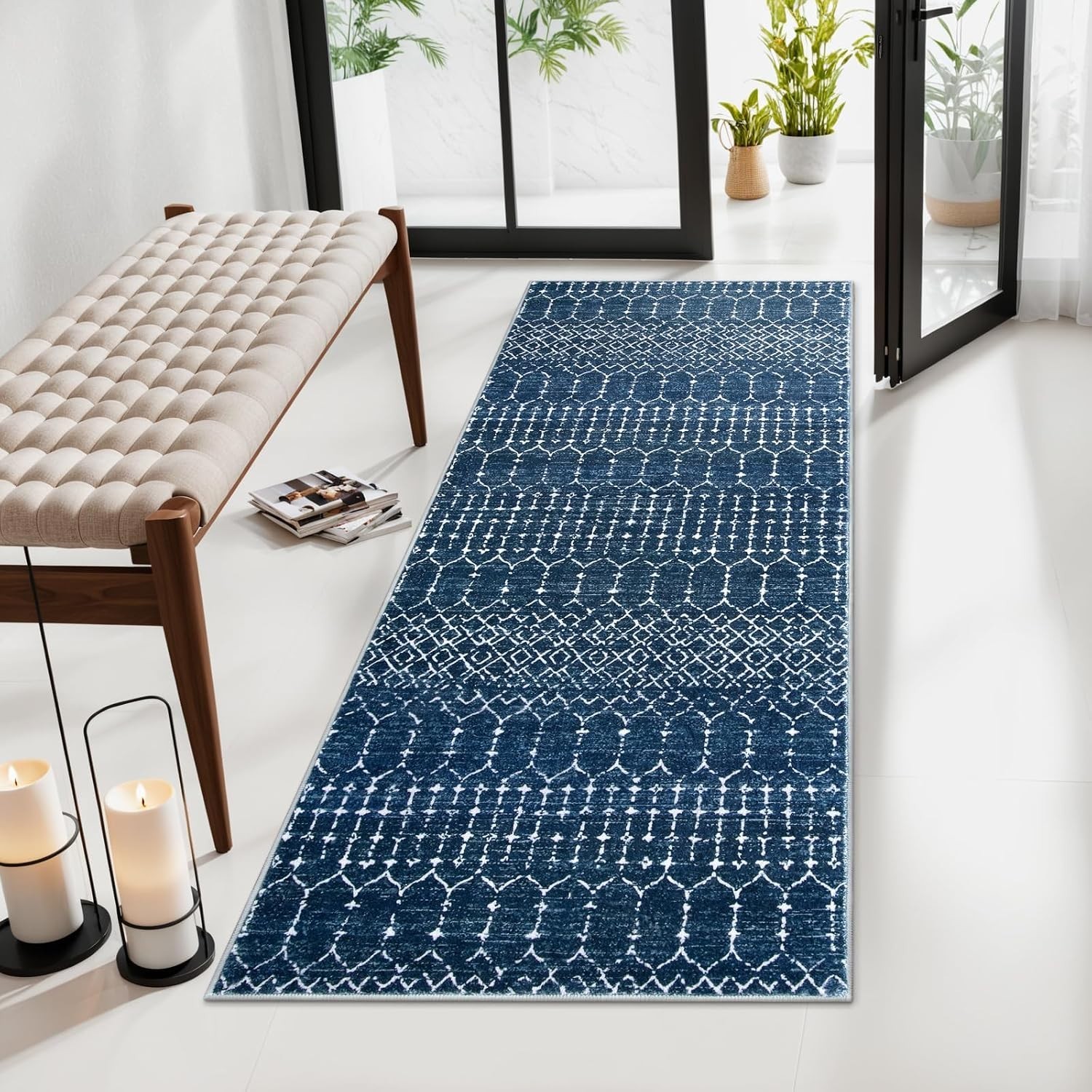 Geometric Moroccan Runner Rug – 2′ x 4′ Non-Slip Soft Faux Wool Mat for Hallway