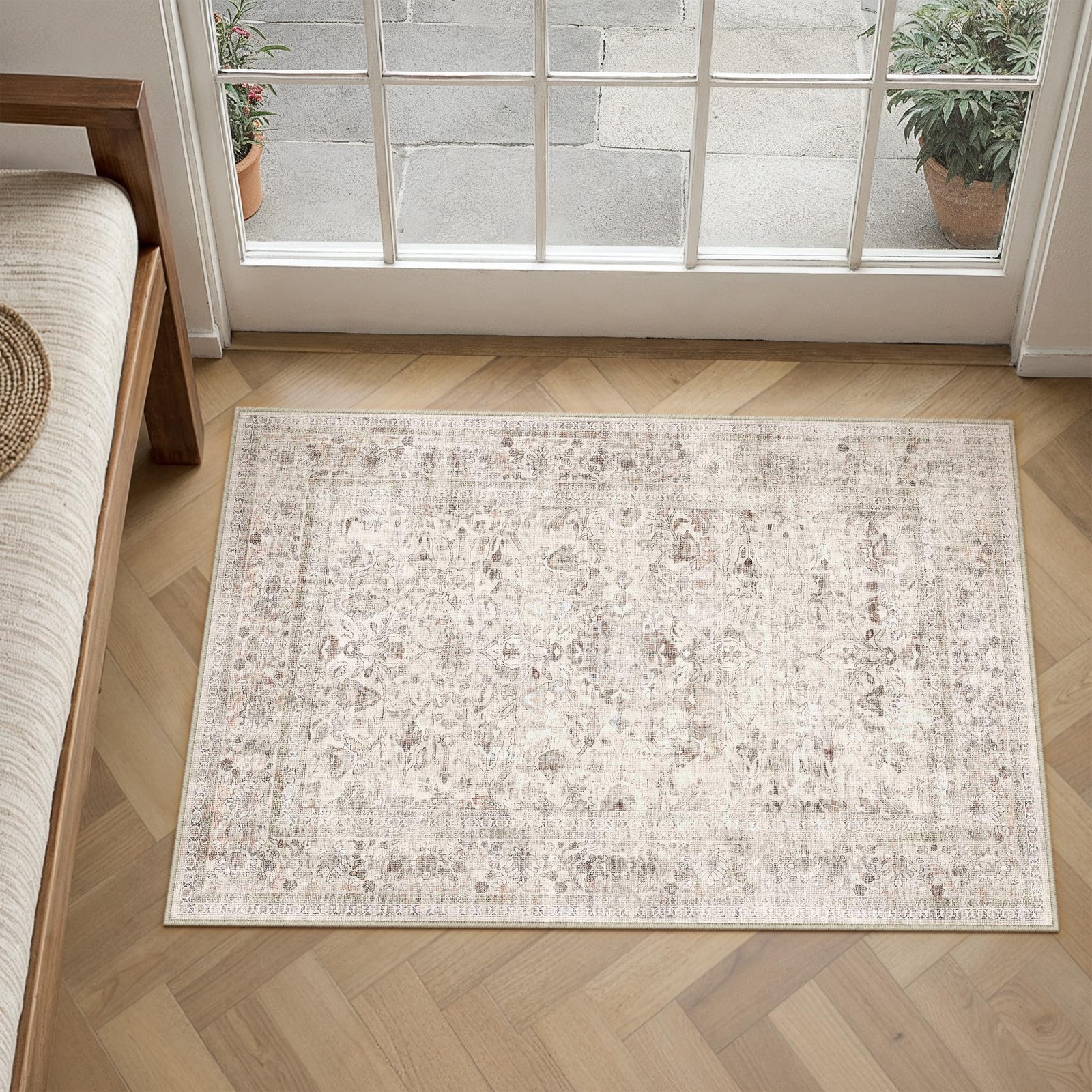 2×3 Beige Washable Entryway Rug Non Slip Vintage Doormat