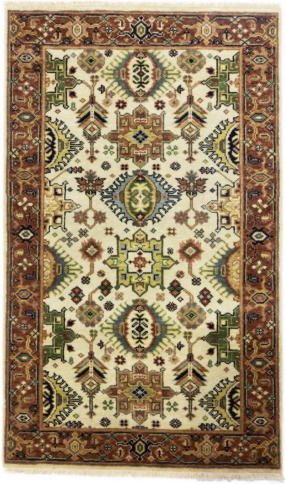 Cream & Rust Geometric Indo-Karajeh Rug Wool Oriental Farmhouse Carpet 3X5 ft