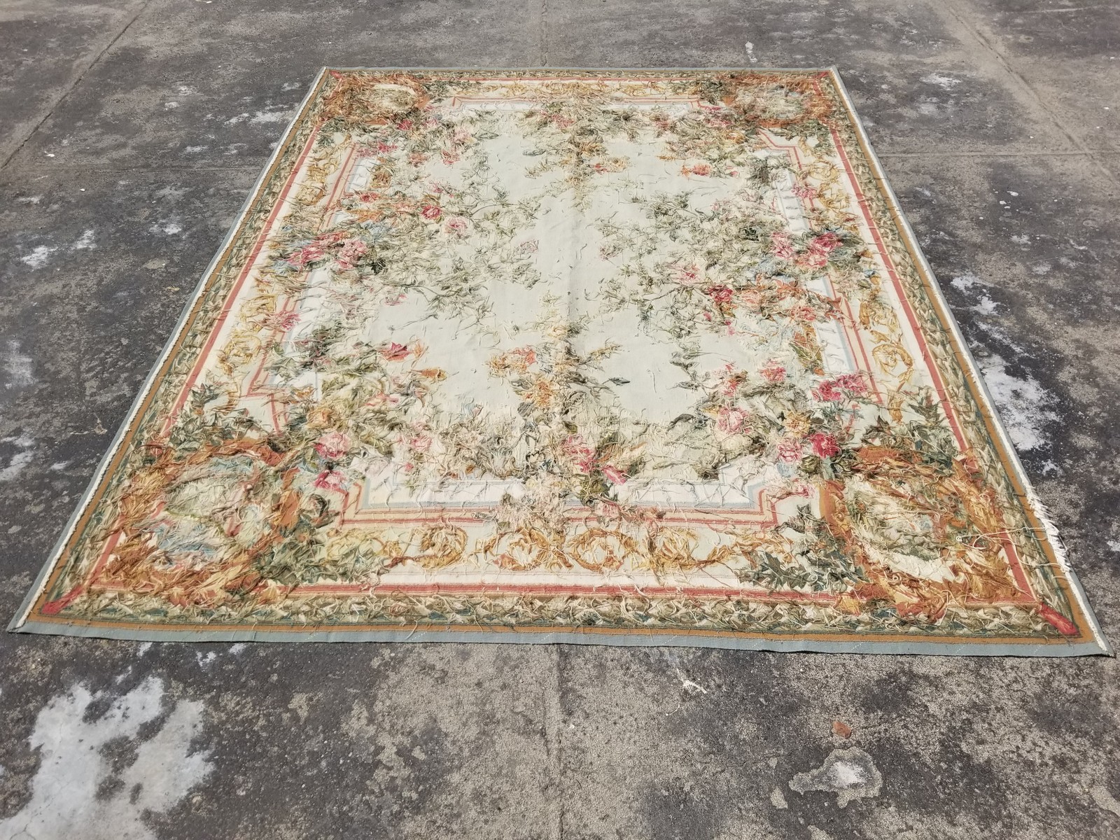 Antique French Aubusson Floral Medallion Wool Multicolor Rug 10.1×7.7ft