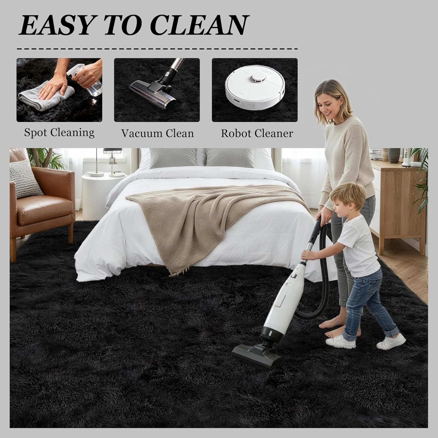 Luxury Ultra-Soft Shag Area Rug 9×12 Plush Black Memory Foam Living Room Carpet