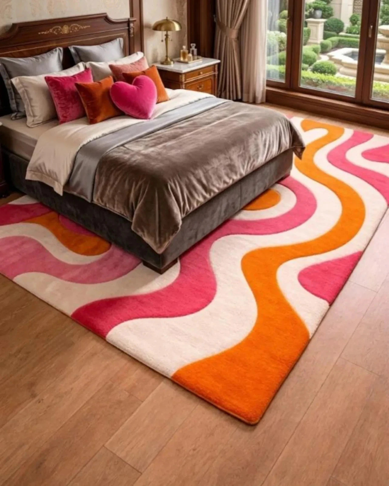 Hand Tufted Pink Orange Abstract Wave Rug, Retro Wavy Area Rug, Modern Carpet