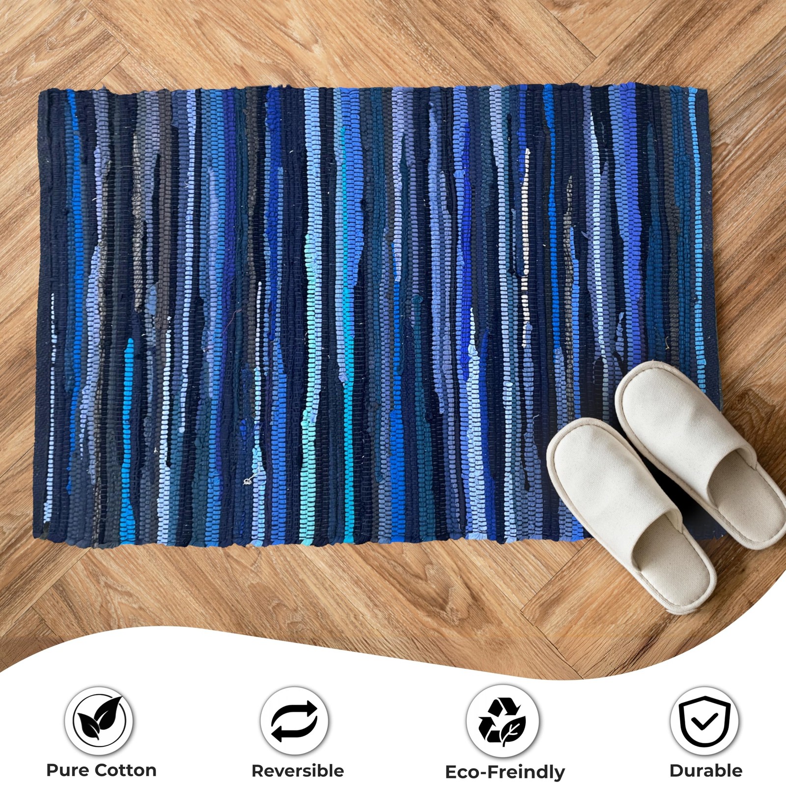 Cotton Rag Rug 2’x3′ – Navy, Braided Recycled Rugs for High Traffic Area, Boh…