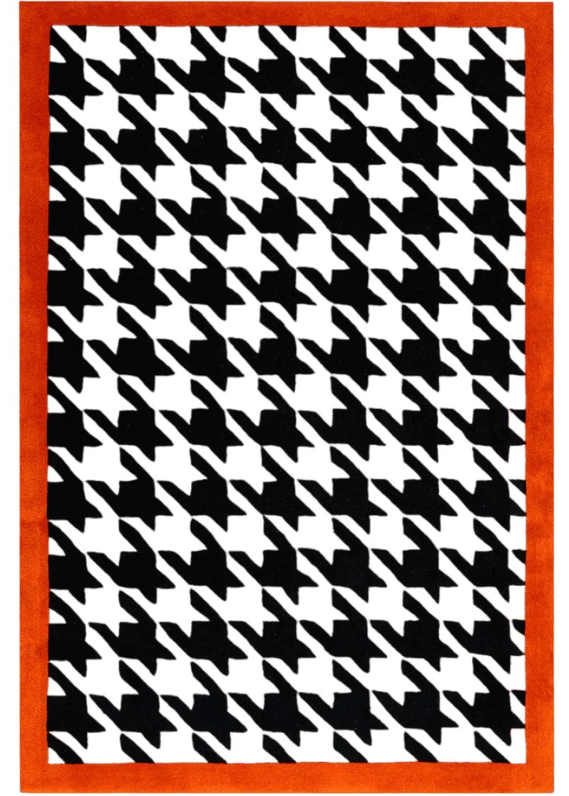 Hand Tufted Wool Houndstooth Rug Black White Orange Border Modern Area Carpet