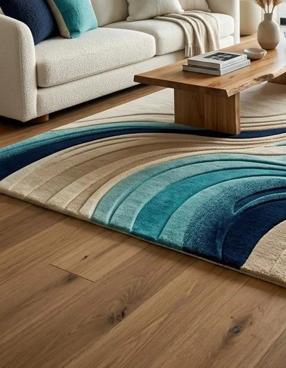 Ocean Wave Area Rug Coastal Modern Hand Tufted New Zealand Wool Blue Beige Rug