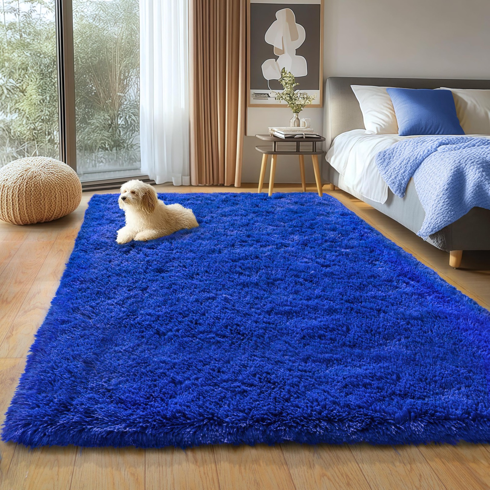 plumlik Blue Fluffy Area Rug for Bedroom, 4×5.9 Feet Shag Rugs for Living Roo…