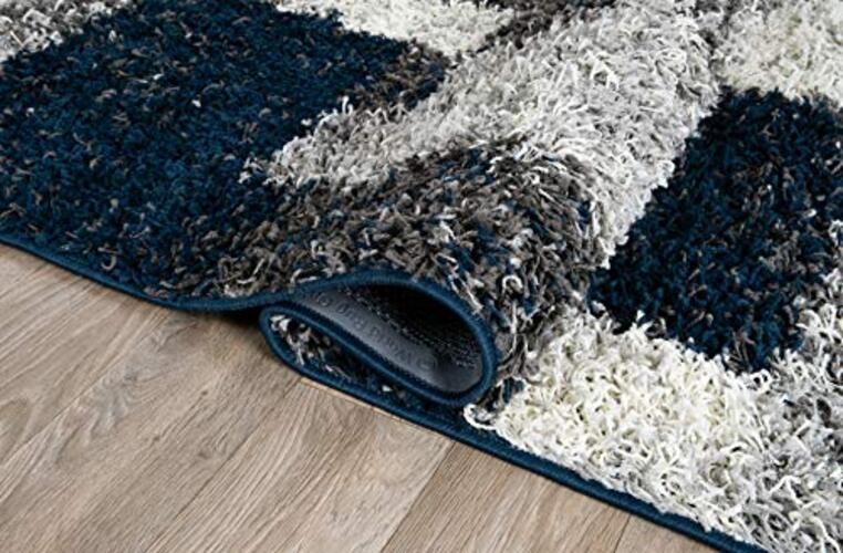 Navy Distressed Modern Boxes Plush Shag Area Rug — Non-Shedding Soft for