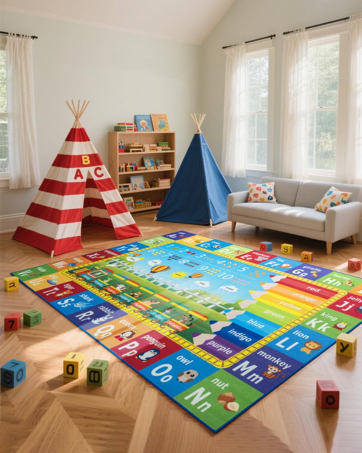 Kids Rug 4×6 Feet Washable Educational Play Mat with ABC Numbers Animals