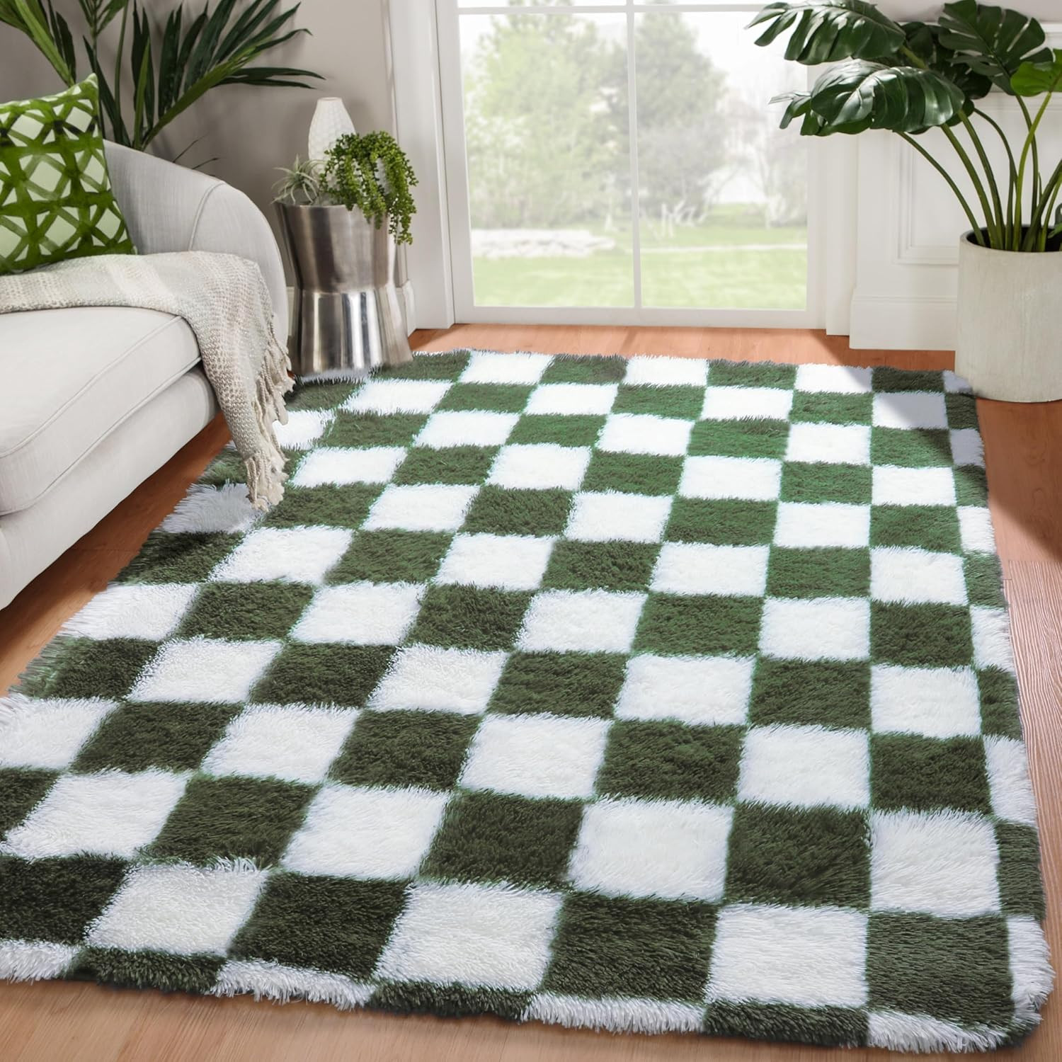 Area Rugs for Bedroom Living Room, 4X6 Soft Fluffy Olive Green and White