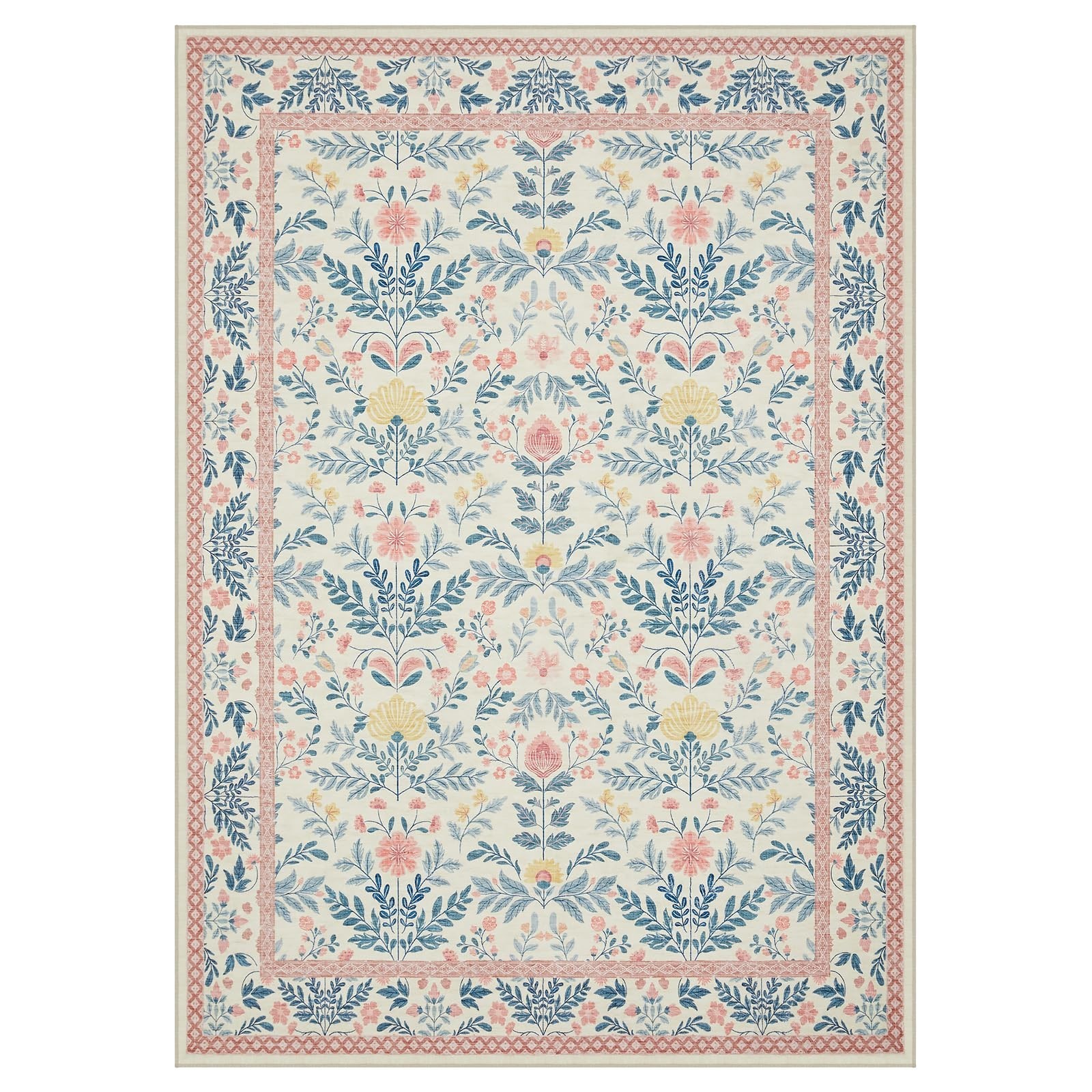 Boho Floral Light Pink 6×9 Area Rug – Machine Washable, Non-Slip Soft Carpet for