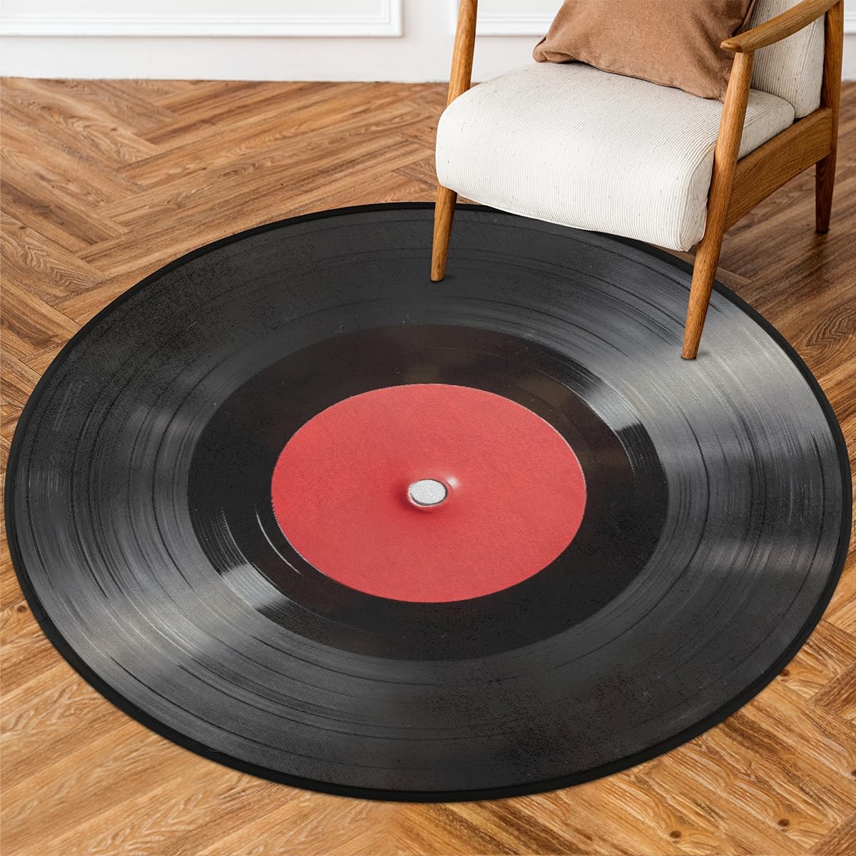 Round Rug 5ft Vintage Vinyl Record Cd Washable Area Rugs Non Slip Absorbent F…