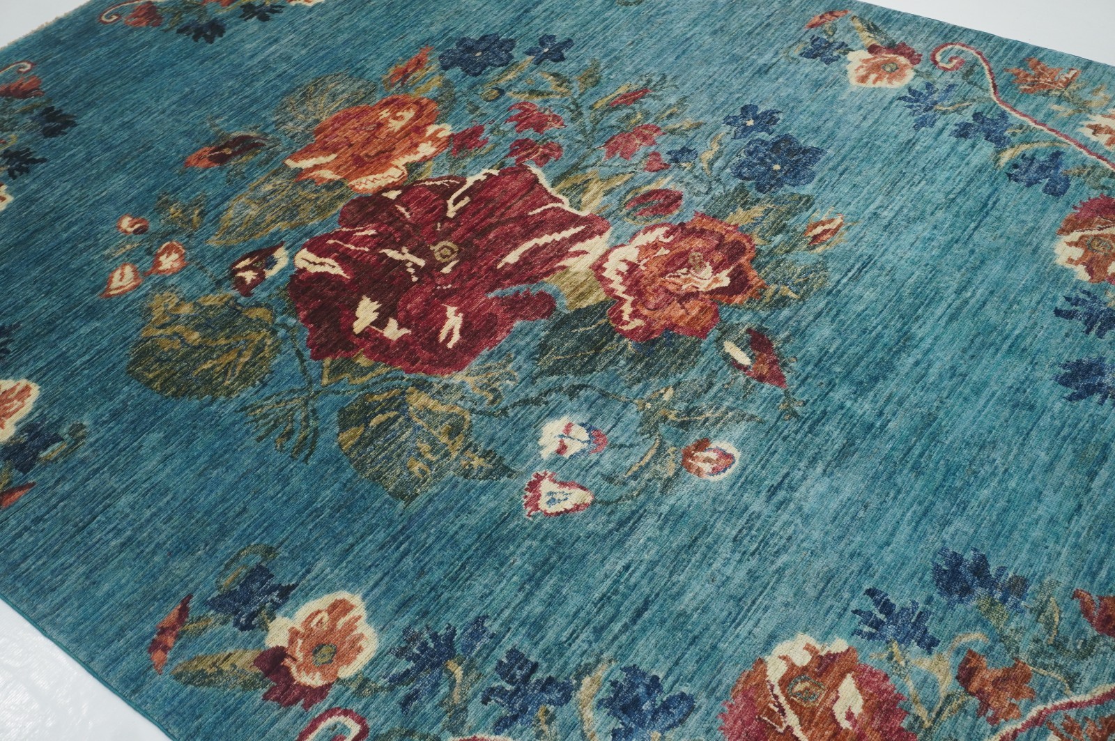 6×8 ft Turquoise Blue Floral Afghan Hand Knotted Wool Area Rug