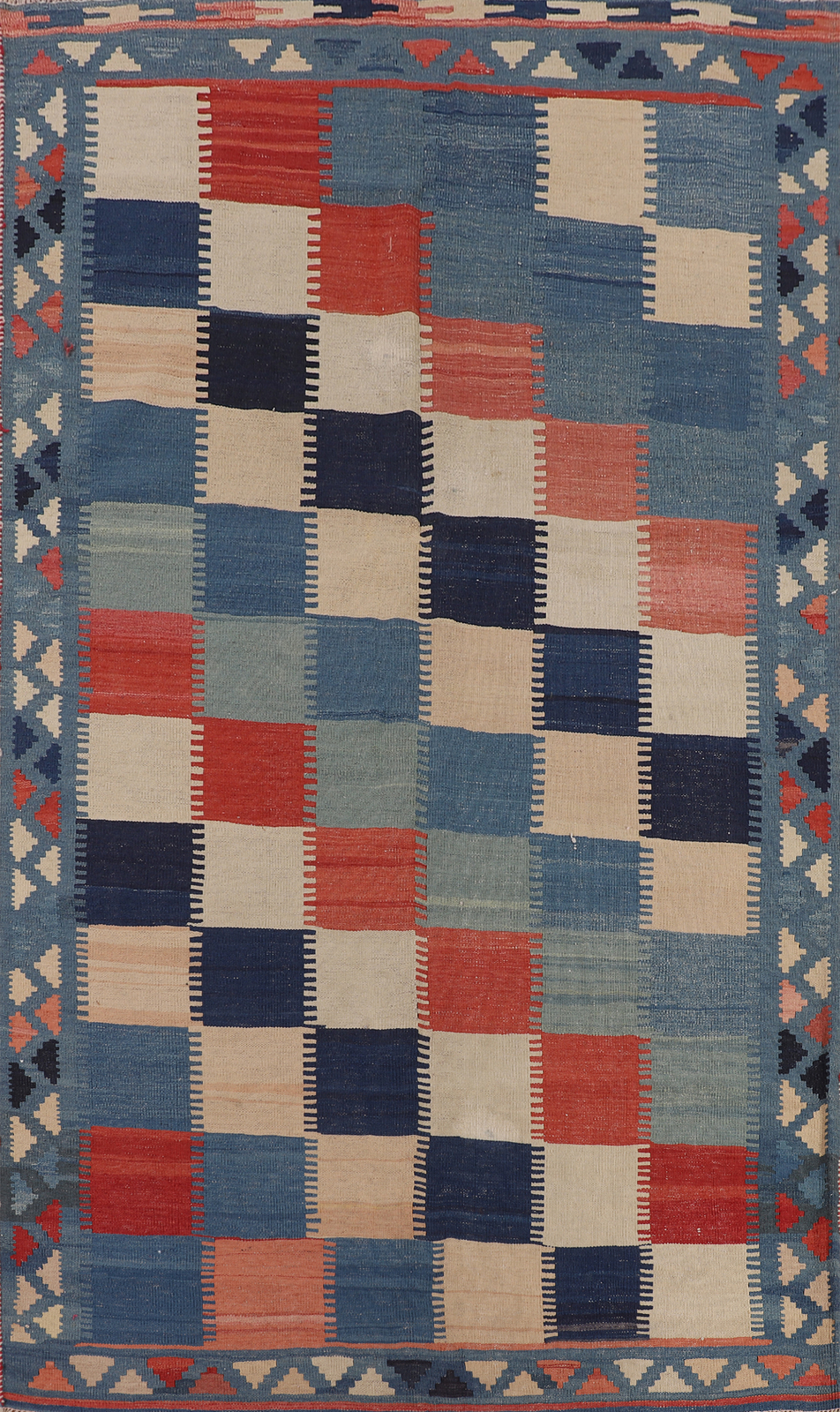 Checkered Wool Kilim Vegetable Dye Reversible Rug 5×8 Vintage Flatweave Carpet