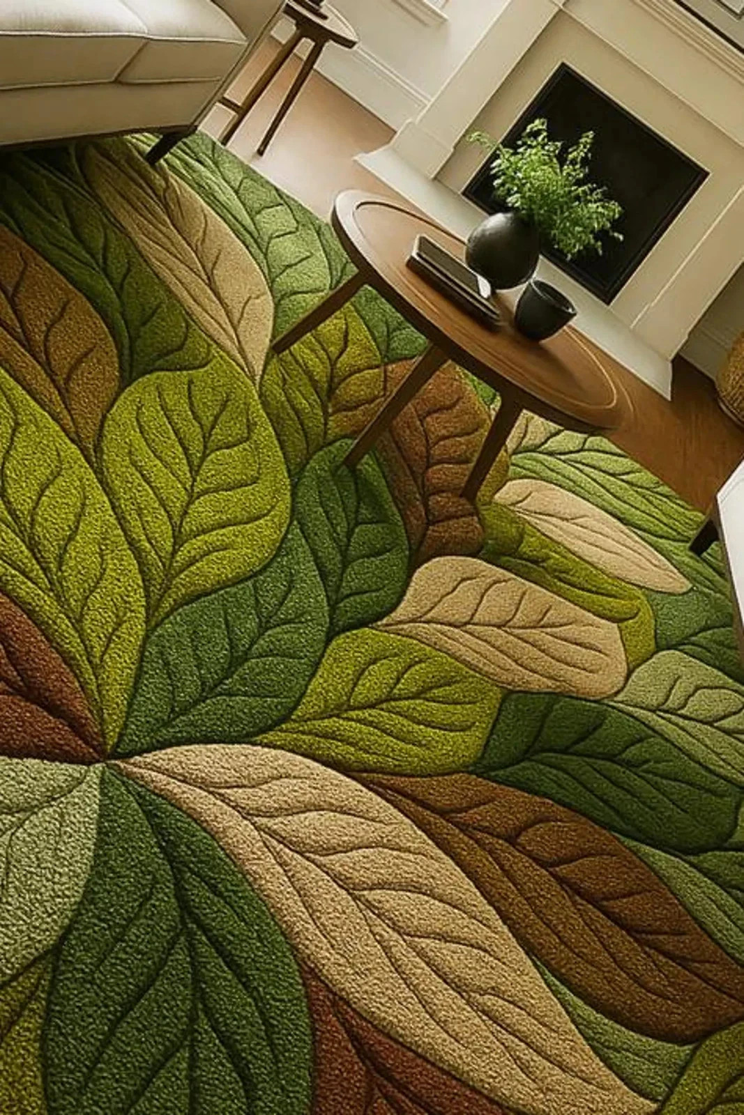 Hand Tufted Leaf Design Rug, Modern Botanical Area Carpet in Green and Brown