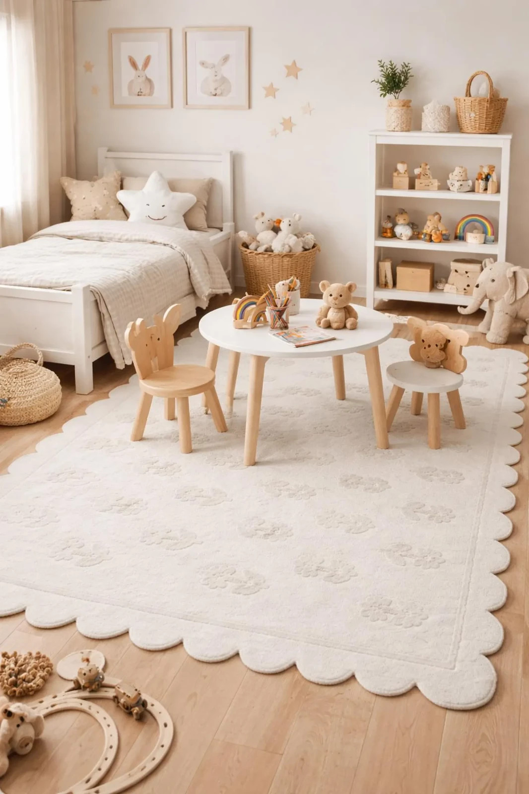 Handmade Hand Tufted Kids Rug, Cream Floral Nursery Rug, Scalloped Edge 8×10