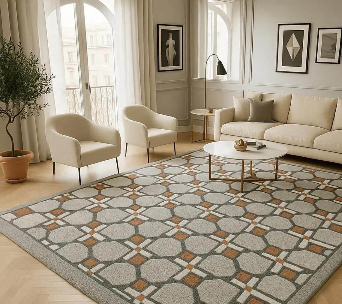 Hand-Tufted Wool Area Rug, Modern Geometric Design, Neutral Area Rug Carpet