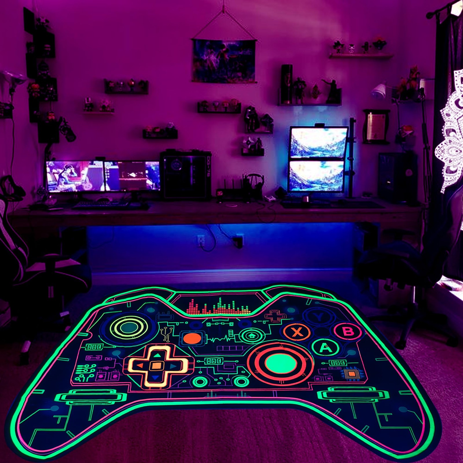 60 x 39 Inch Gaming Rug Glow In Blacklight Gamer Carpet Boys Room Non Slip