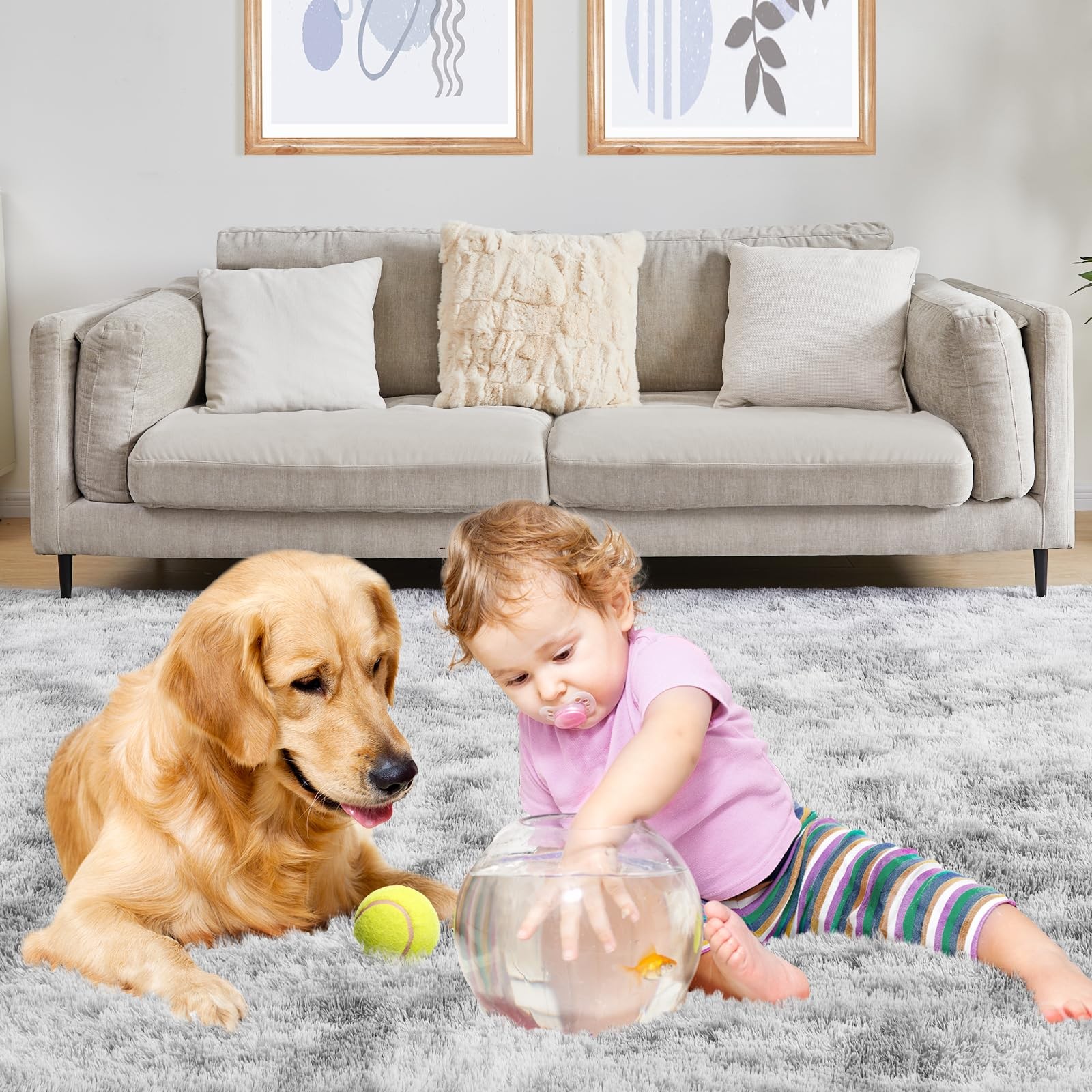Ultra Soft Area Rugs for Living Room, 5×7 Tie-Dyed Light Grey Fluffy Plush Ru…