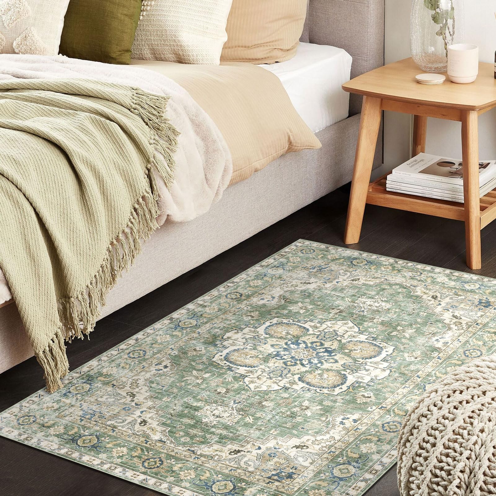 2×3 Rugs for Entryway – Washable Doormat Ultra-Thin Sage Green Vintage Orient…