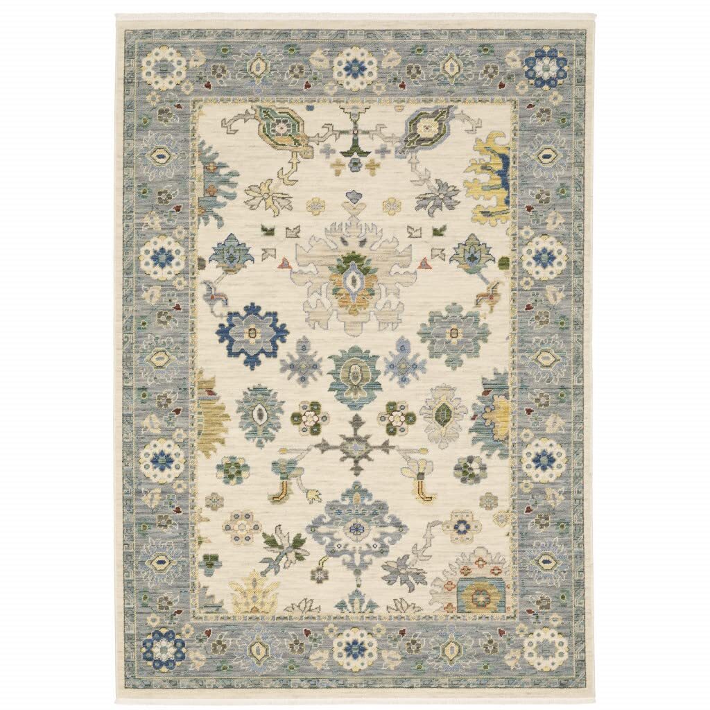 2′ X 3′ Ivory Blue Grey Teal Gold Green And Rust Oriental Power Loom Stain