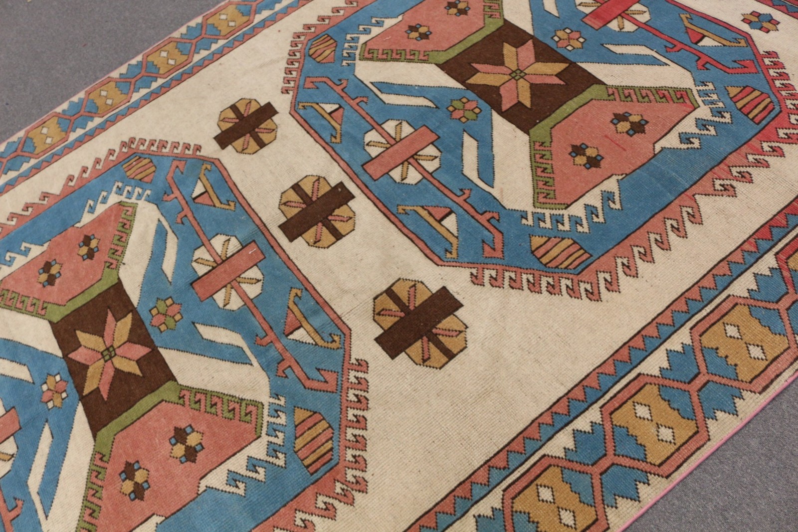 Turkish Vintage Rug, 6,5×9,4 ft Rug, Blue Bordered Wool Rug
