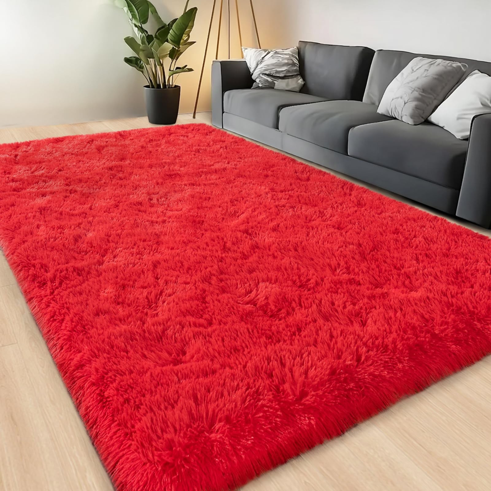 Large Area Rugs for Living Room Bedroom, 4×6 Feet Red Fluffy Shag Rugs, Ultra So