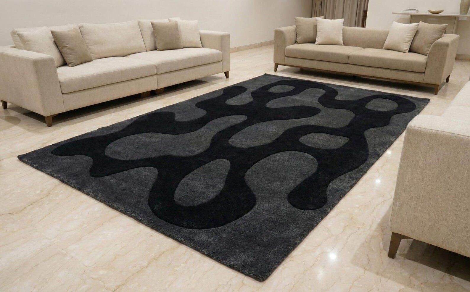 Handmade Abstract Wave Rug Modern Minimal Black & Charcoal Area Rug Hand-Tufted