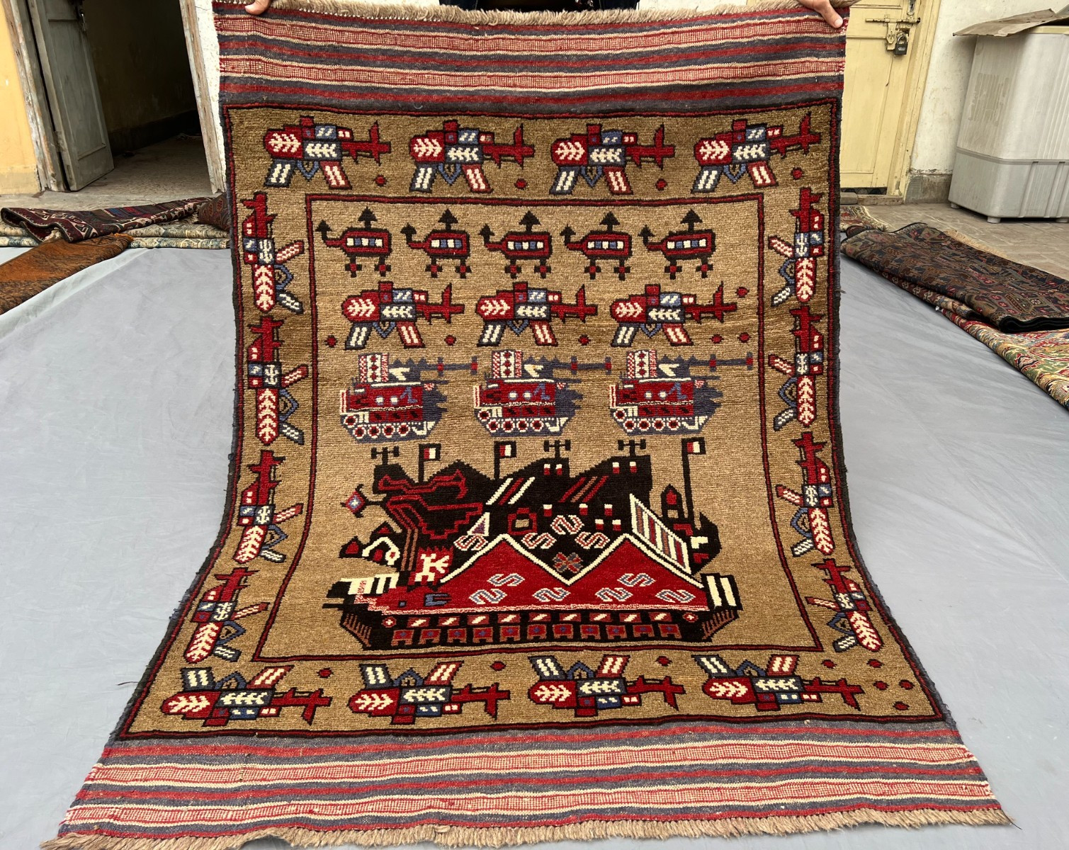 4’2 x 5’7 Ft Striking War Baluchi Rug – Aircraft Motif Pictorial Afghan Handmade