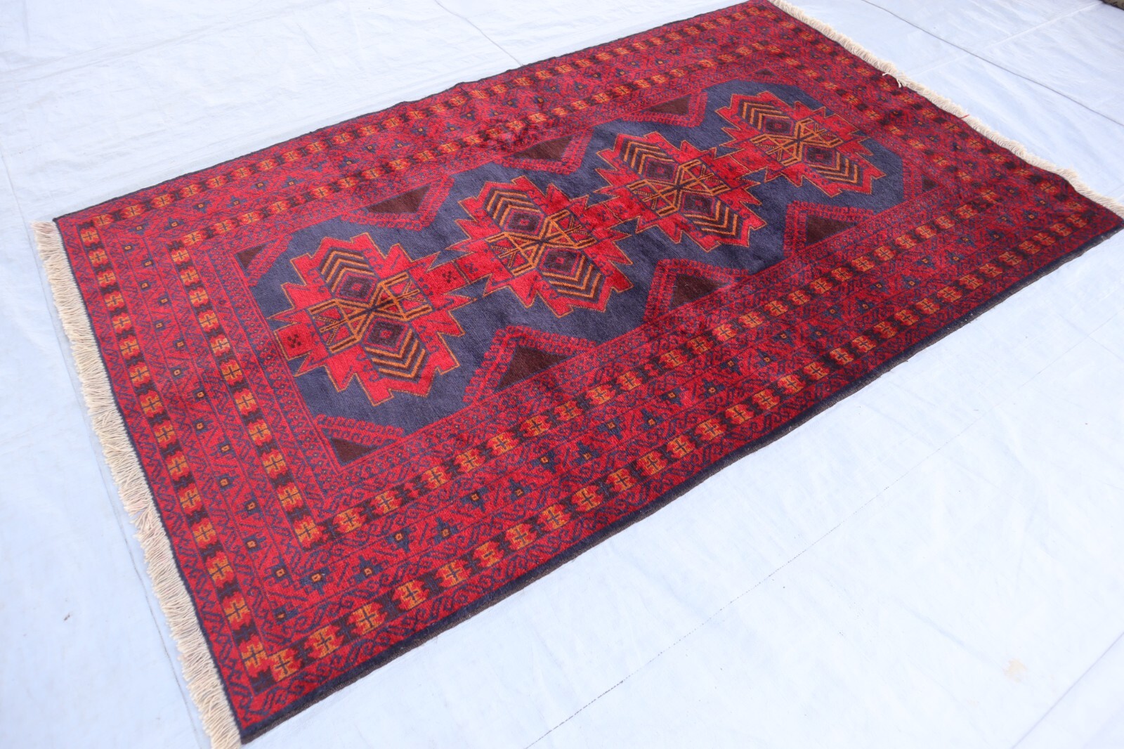 4×7 Afghan Antique Balouchi Rug, Gray Burgundy Turkman Handmade High Pile Rug