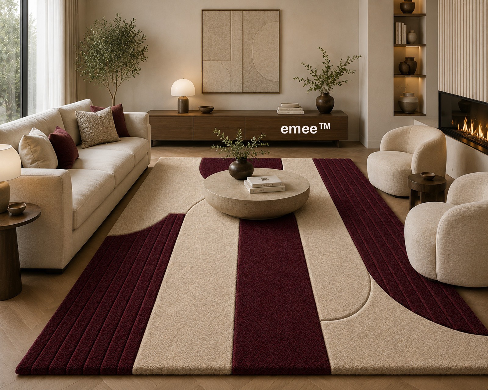 Hand-Tufted Burgundy- beige Wool Area Rug: Modern Area Rug Handmade Carpet