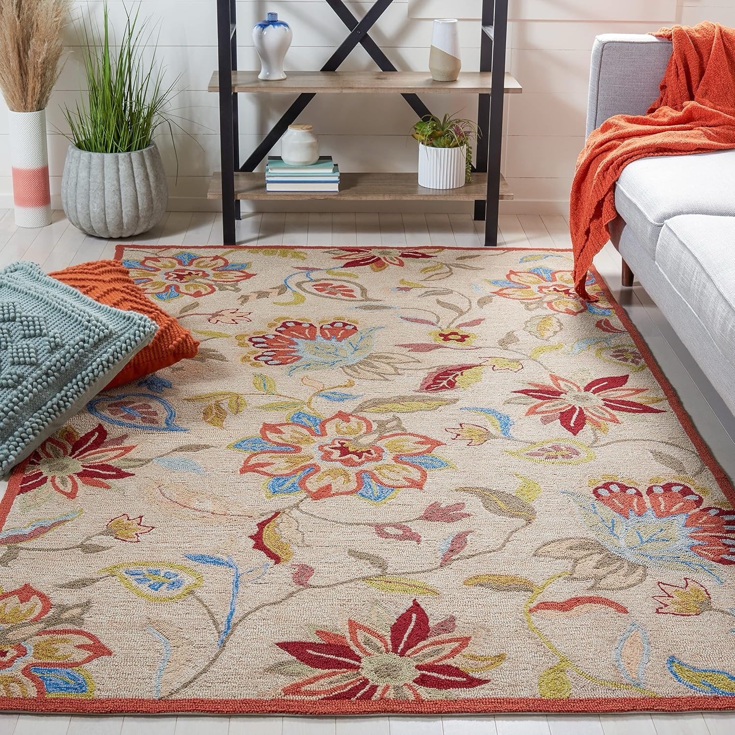 SALE! Bliss Four Seasons Hand Hooked Floral Area Rug 3’ 6” x 5’ 6” Ivory / Rust