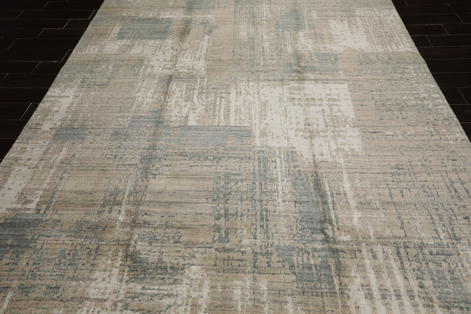 8×10 Beige, Slate Hand Loomed Tibetan Sherpa Modern Wool & Silk Area Rug
