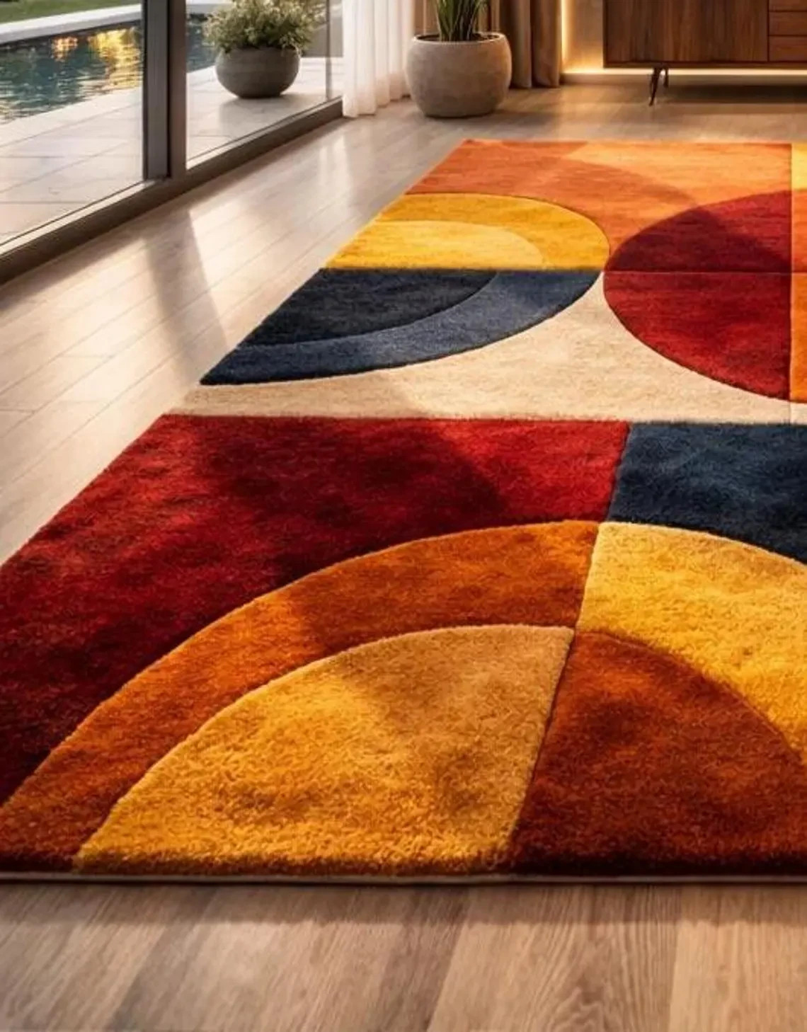 Modern Geometric Area Rug Abstract Red Mustard Blue Large Living Room Carpet