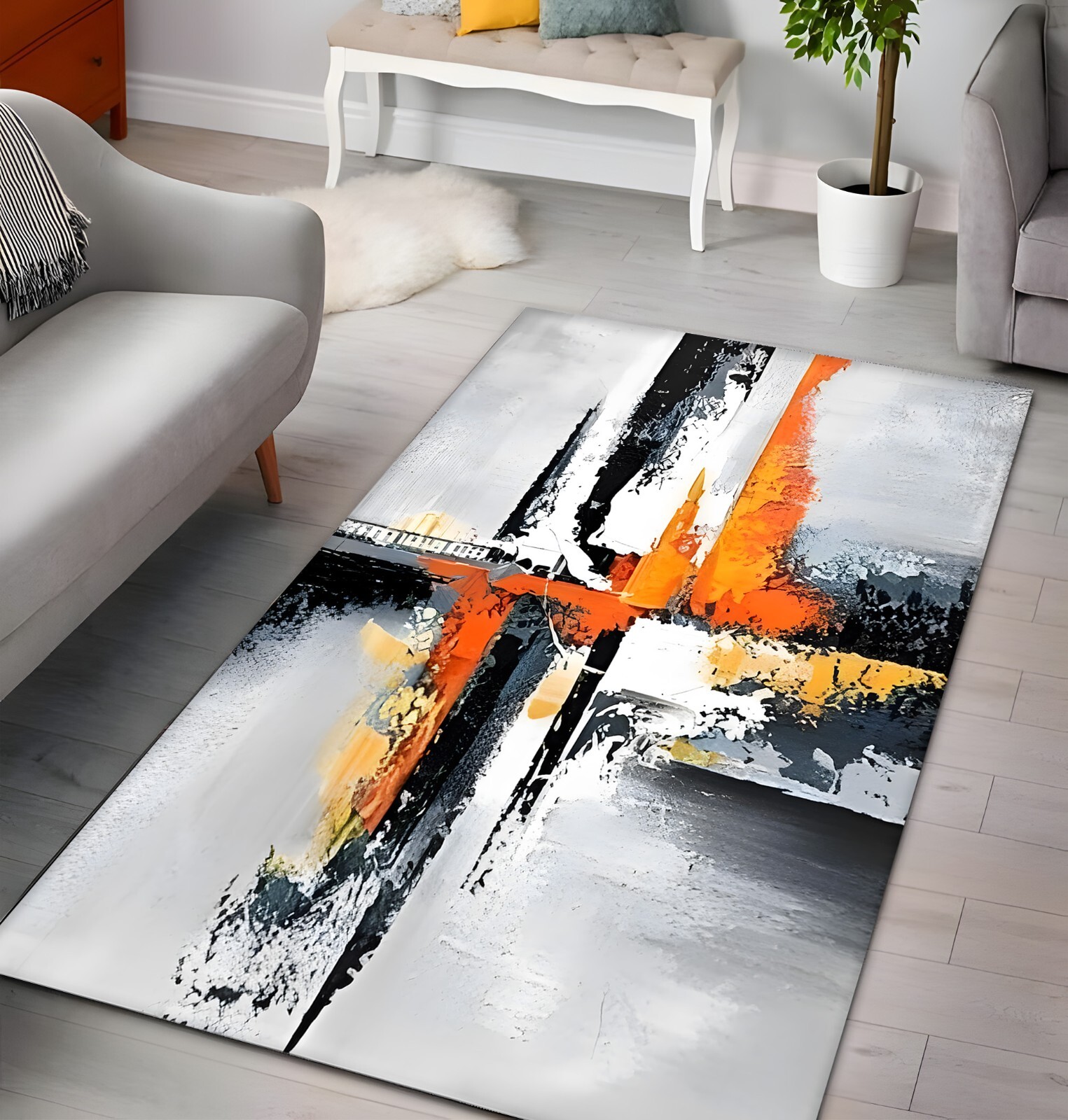 Modern Abstract Art Area Rug – Orange Black Gray Contemporary Carpet for Living