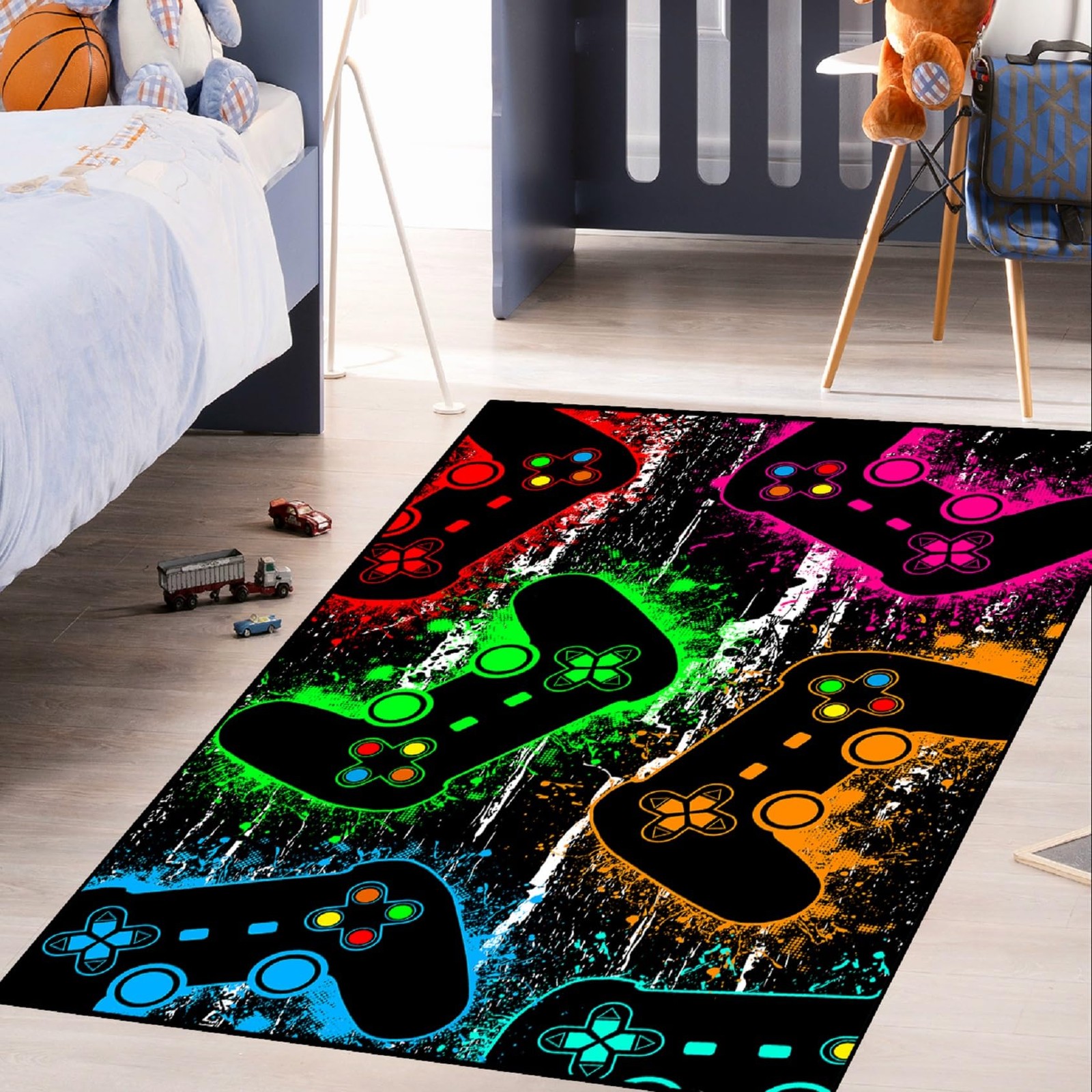 Gamer Area Rug Green Hand Drawn Gamepad Planet Stars Floor Carpet 2×3 FT