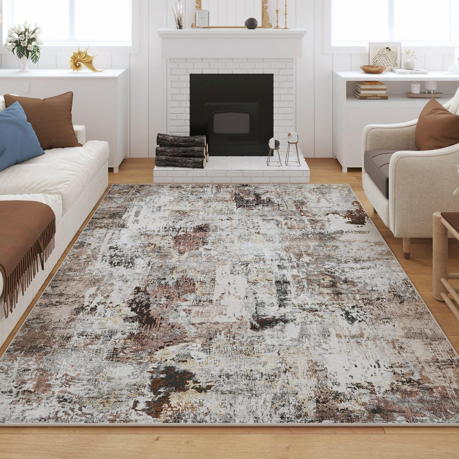 Rugcomf Modern Abstract Washable Rugs 8×10 – Non-Slip Low Pile Area Rug, Large