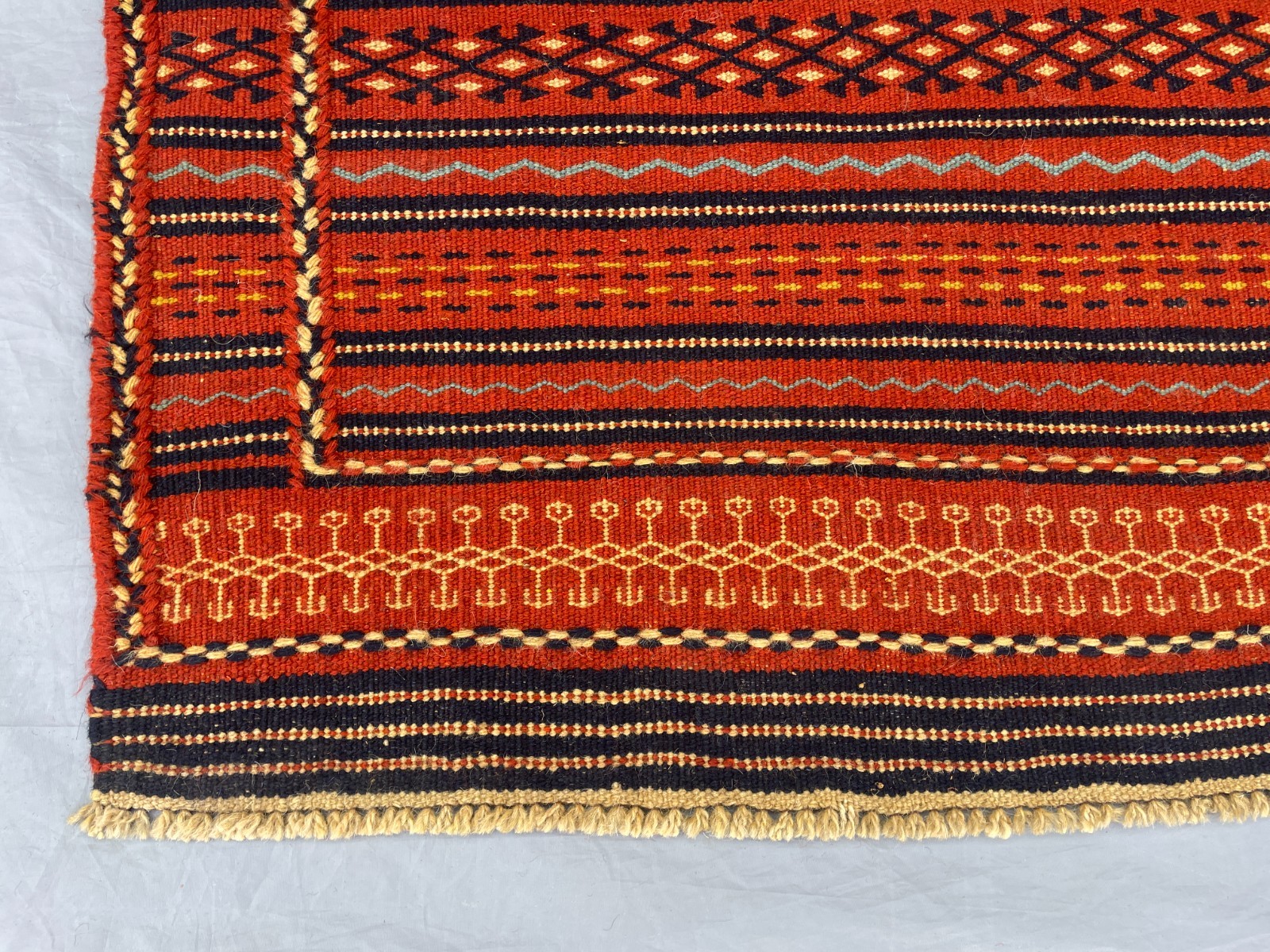 3’4 x 4’1 Ft Handmade Afghan Kilim – Bold Tribal Stripes in Warm Red and Blue