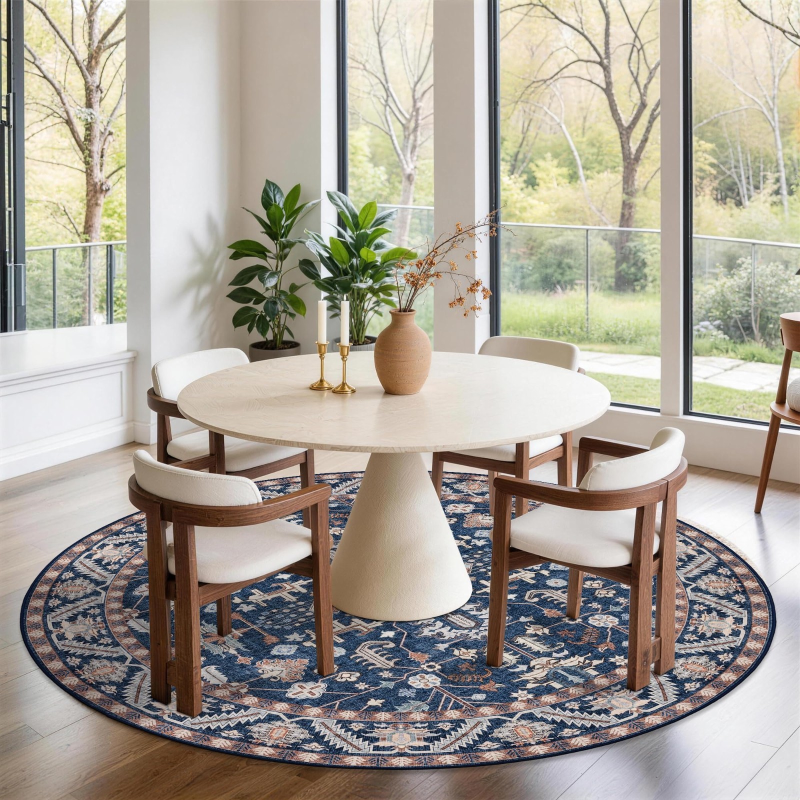 6ft Round Washable Area Rug – Boho Vintage Circle Carpet for Living Room, Bedroo