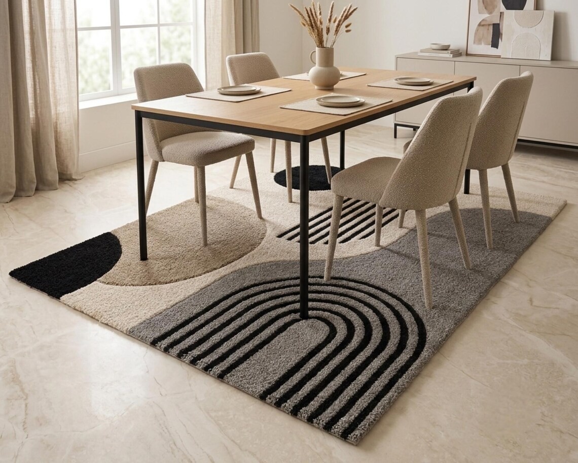 Hand Tufted Wool Rug, Modern Abstract Geometric Design Neutral Minimalist Carpet