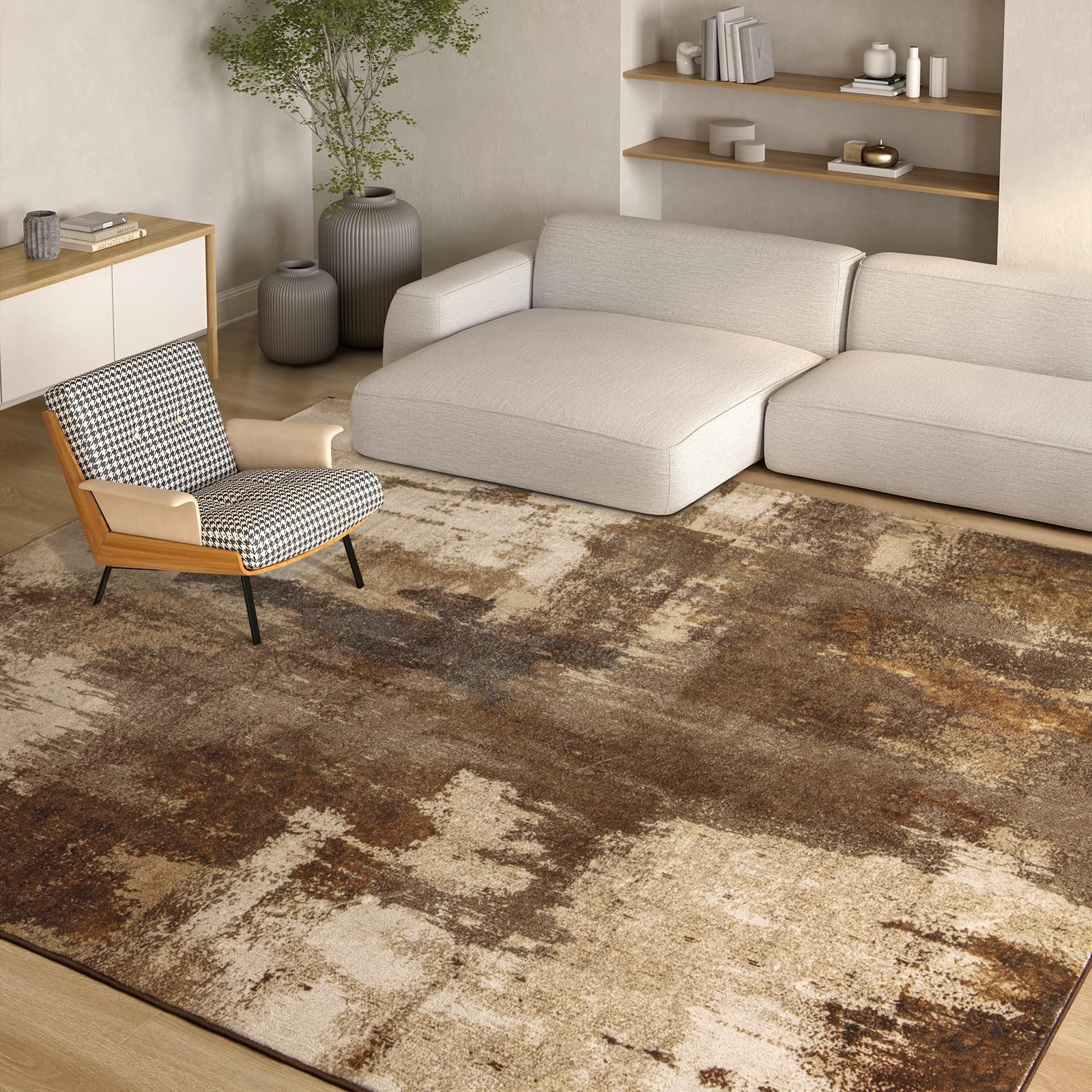 8×10 Area Rugs for Living Room, Brown Washable Rugs Modern Abstract Carpet, S…