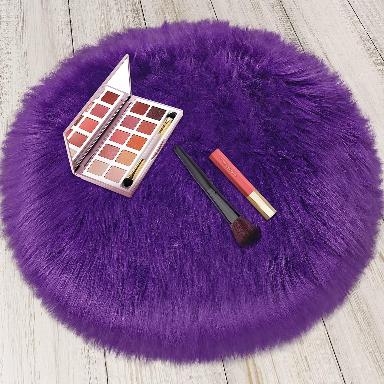 Faux Sheepskin Circle Rug 2ft Purple Plush Shaggy Mat Seat Pad Sofa Throw Decor