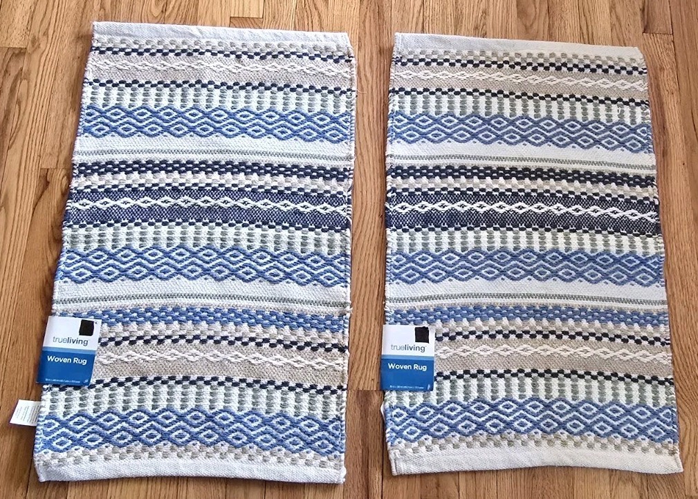 2 NEW True Living Woven Scatter Rug Blue/ Green/ Off White – about 18 ”x28”