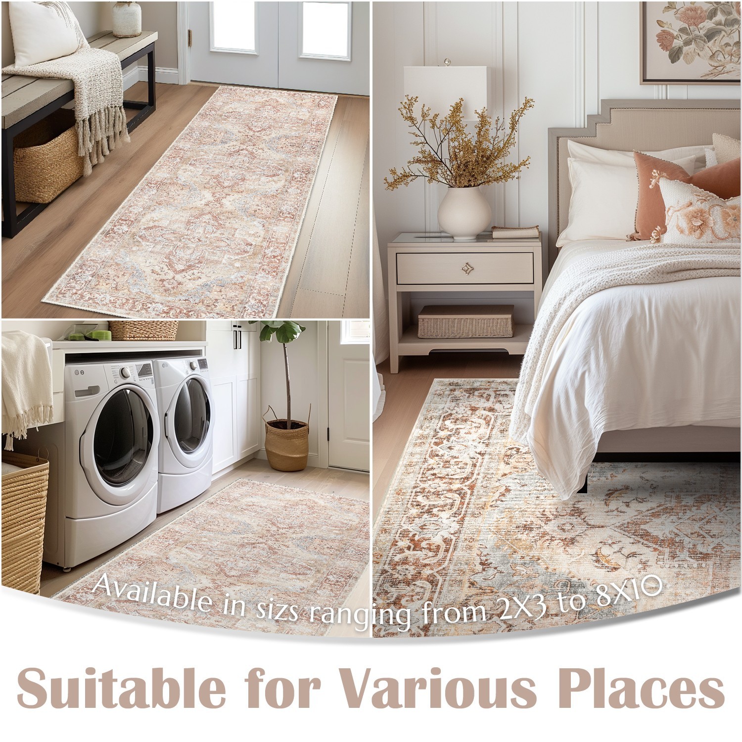 2×7 ft Area Rug Washable Rug Vintage Thin Rug Floral Non Slip Carpet red