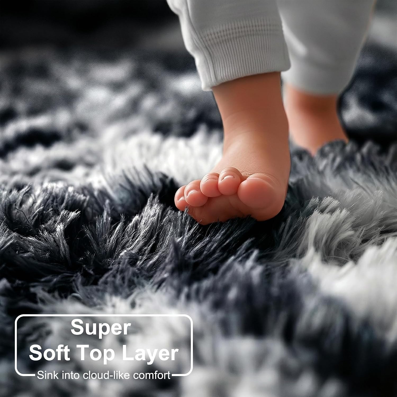Soft Fluffy Area Rug, Black White Grey, 5×8