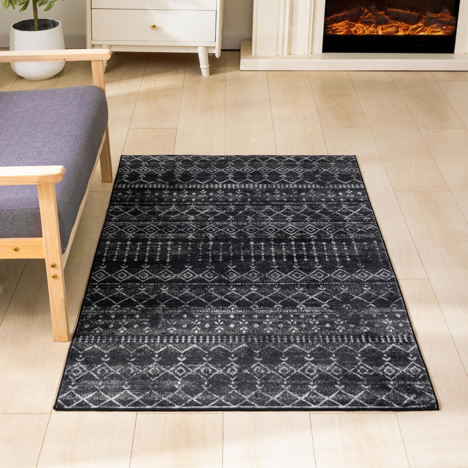 3×5 Area Rug – Black Boho Moroccan Geometric Carpet Washable Low Pile, Non Sl…