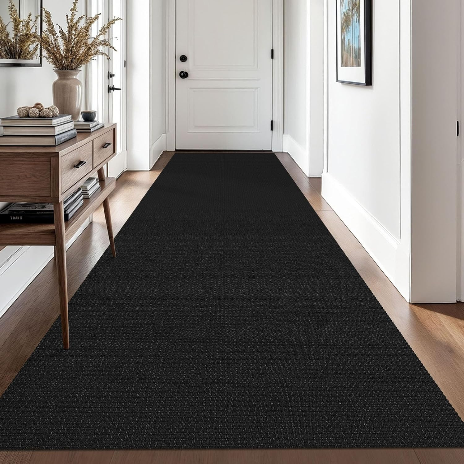 Washable 3×10 Ft Woven Runner Rug – Non-Slip Black/Grey for Hallways & Kitchen