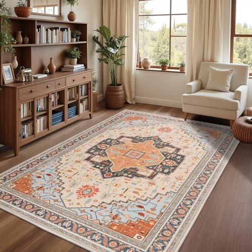 6×9 Orange Beige Area Rug for Living Room, Machine Washable Rugs with Non-Slip