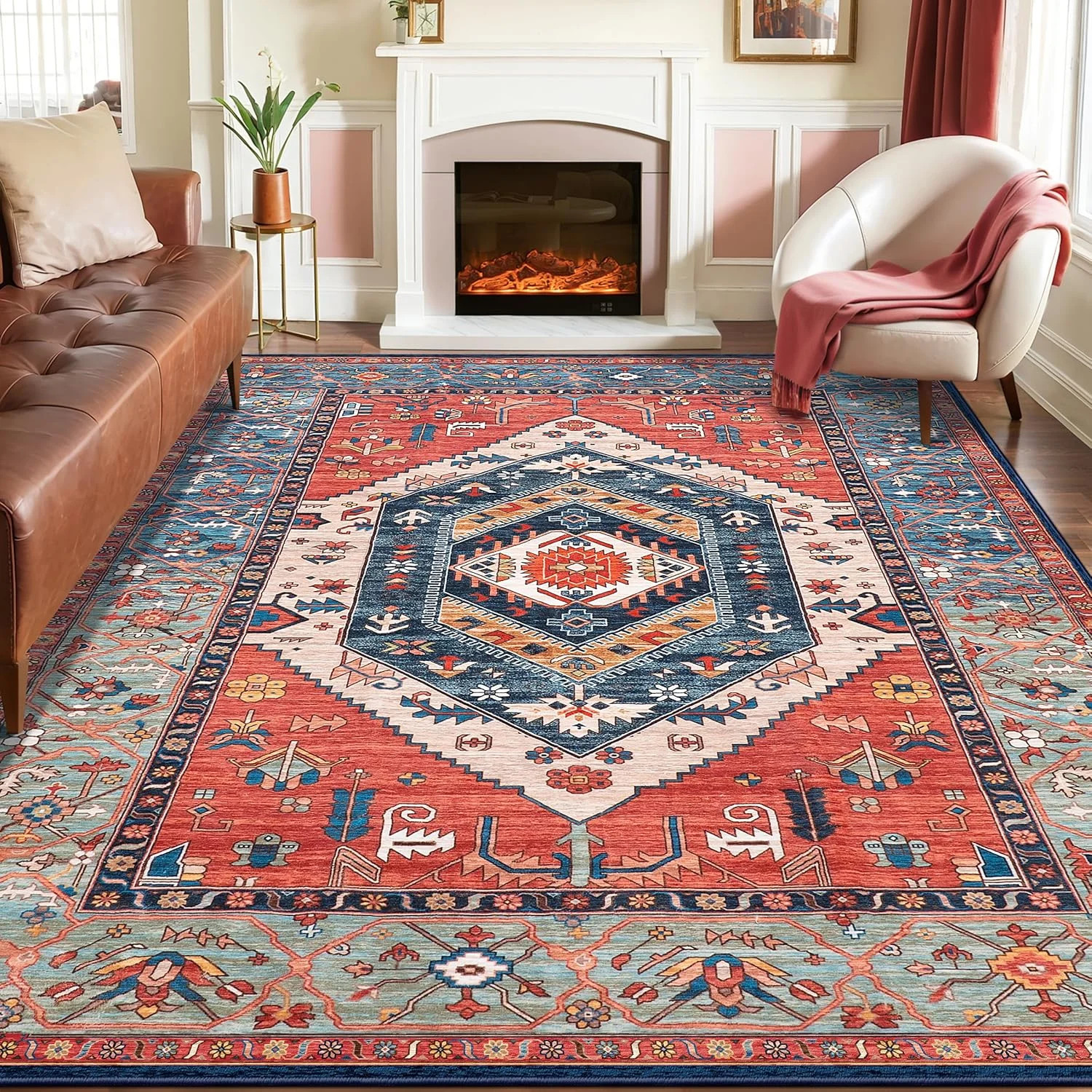 SERISSA Washable Rugs 8×10 Area Rugs, Large Non-Slip Boho Living Room Rust Rug,